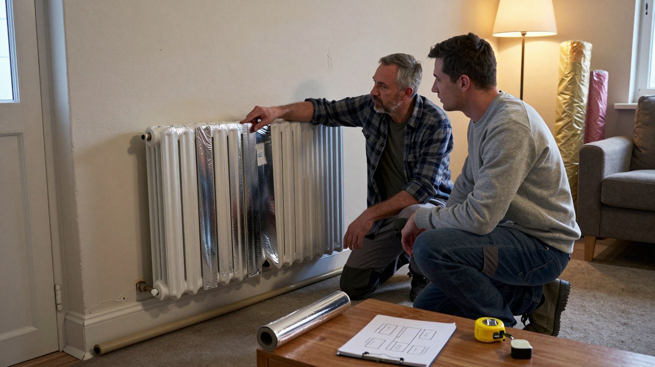 Two men fitting reflective foil behind a radiator in a cosy living room.