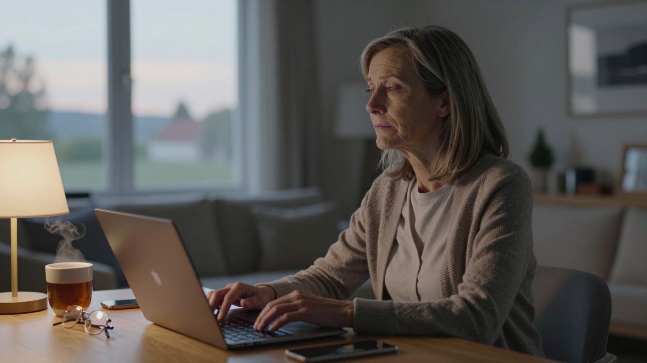 Woman working on a laptop at a wooden table, with a lamp, glasses, and a steaming cup, in a dimly lit room.