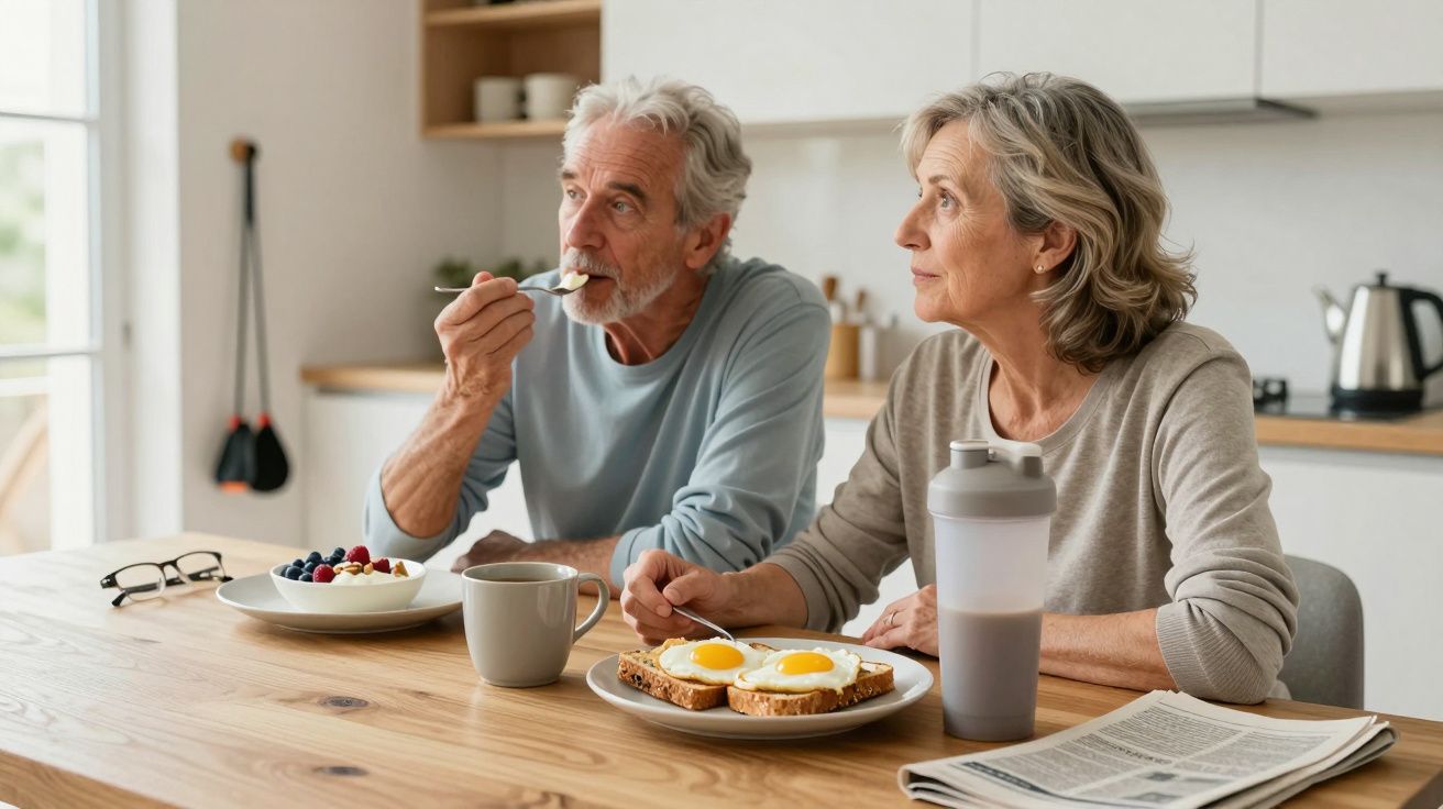 Elderly couple enjoying breakfast with tea, toast, eggs, and fruit in a bright kitchen.