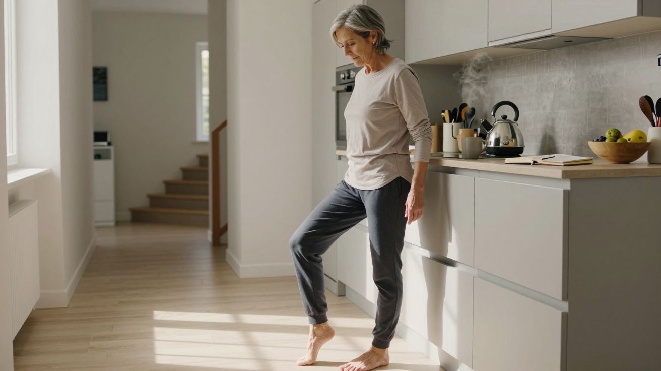 Woman standing on one foot in a modern kitchen, with sunlight streaming through a window, surrounded by kitchen items.