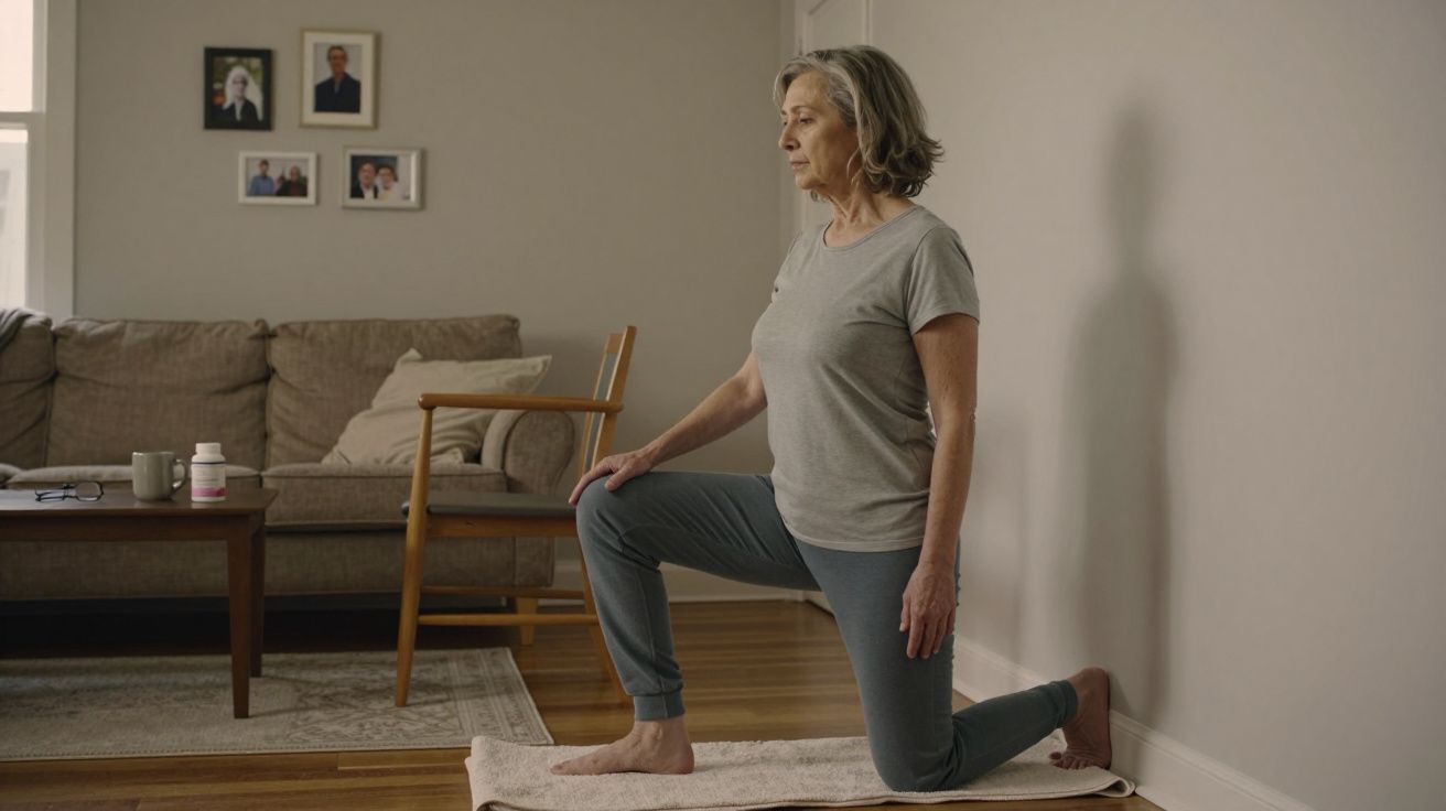 Older woman in grey clothes kneeling on a mat, doing a stretch in a living room with beige sofa and family photos.