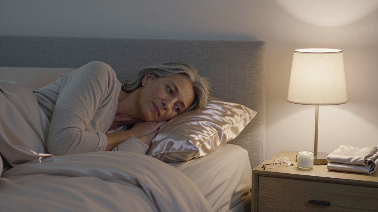 Woman lying in bed, resting her head on a silk pillow, with a lamp and glasses on a bedside table nearby.
