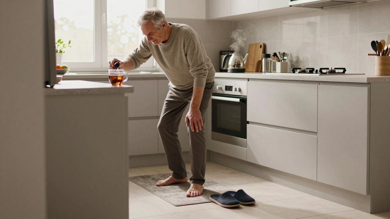Elderly man holding back while standing on rug in kitchen, barefoot, with a cup of tea and slippers on the floor.