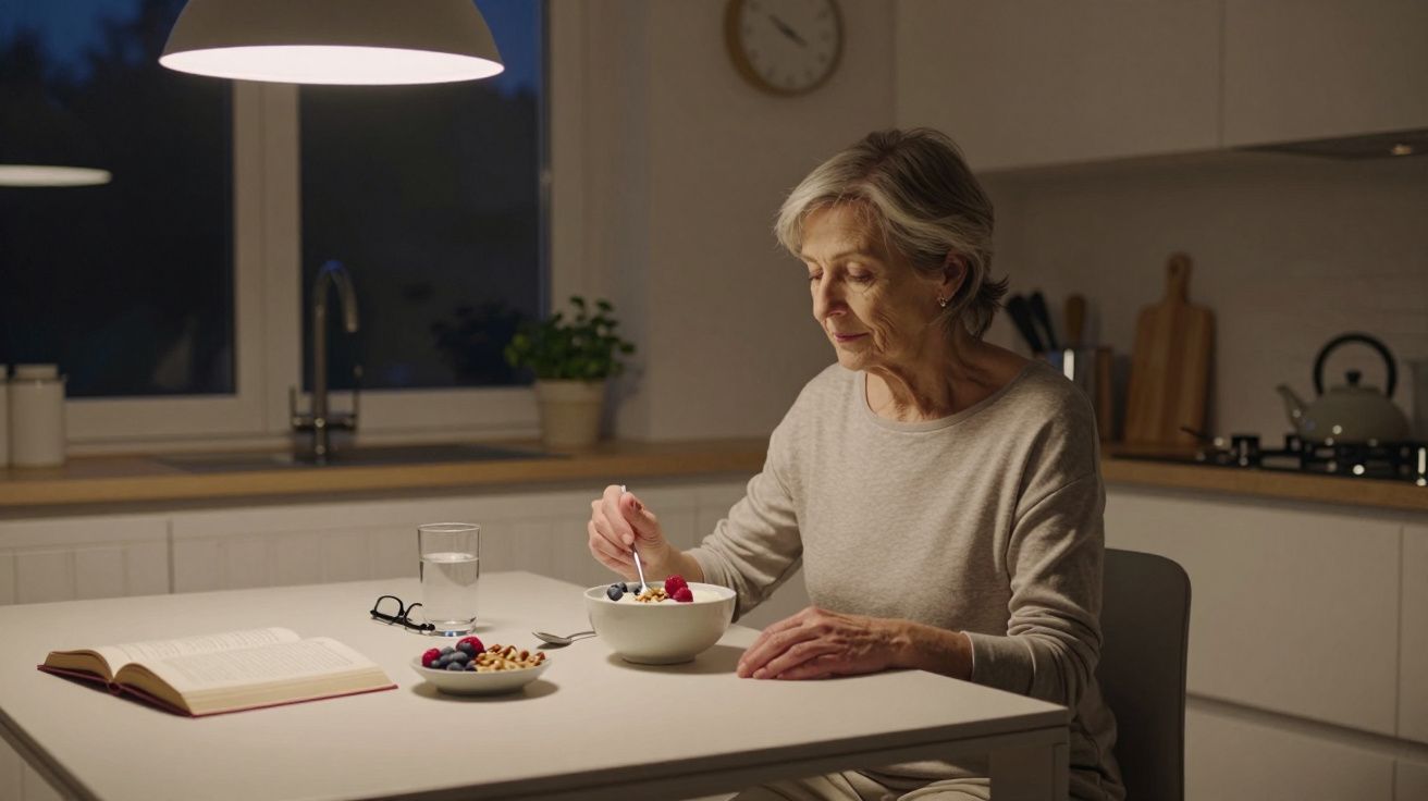 Elderly woman eating a bowl of fruit in a cosy kitchen, with an open book and glasses on the table.