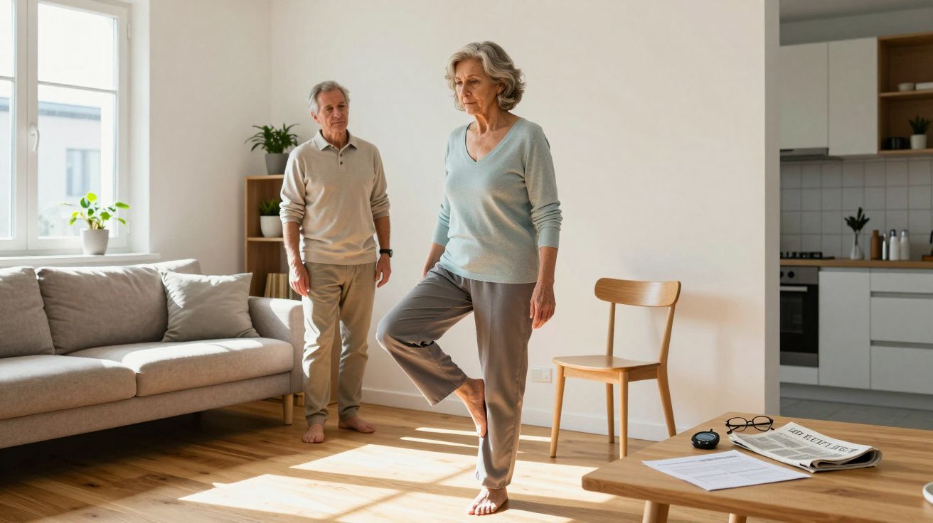 Elderly couple exercising in living room; woman balances on one leg, man watches. Bright, modern space.