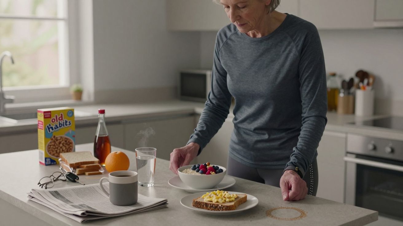Woman preparing breakfast in kitchen with yoghurt, fruit, toast, coffee, and cereal on counter.