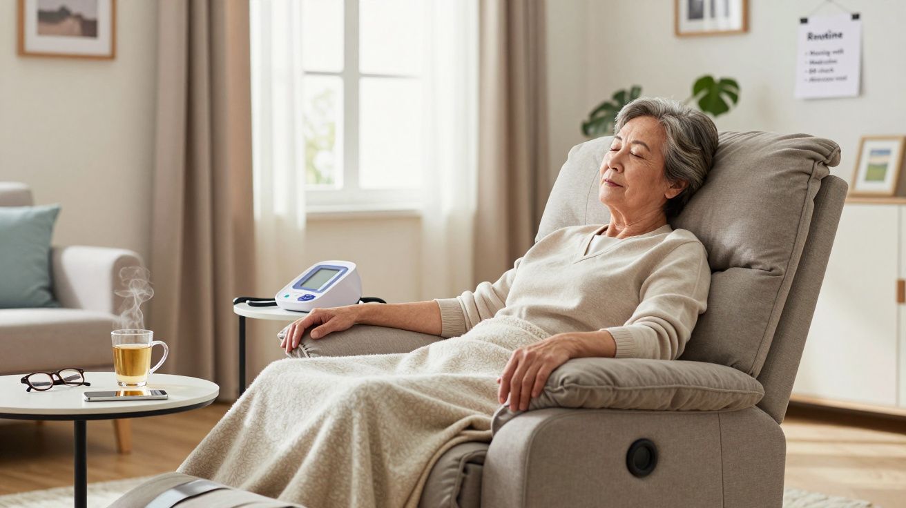 Elderly woman resting in a recliner with a blanket and tea, blood pressure monitor on arm, in a cosy living room.