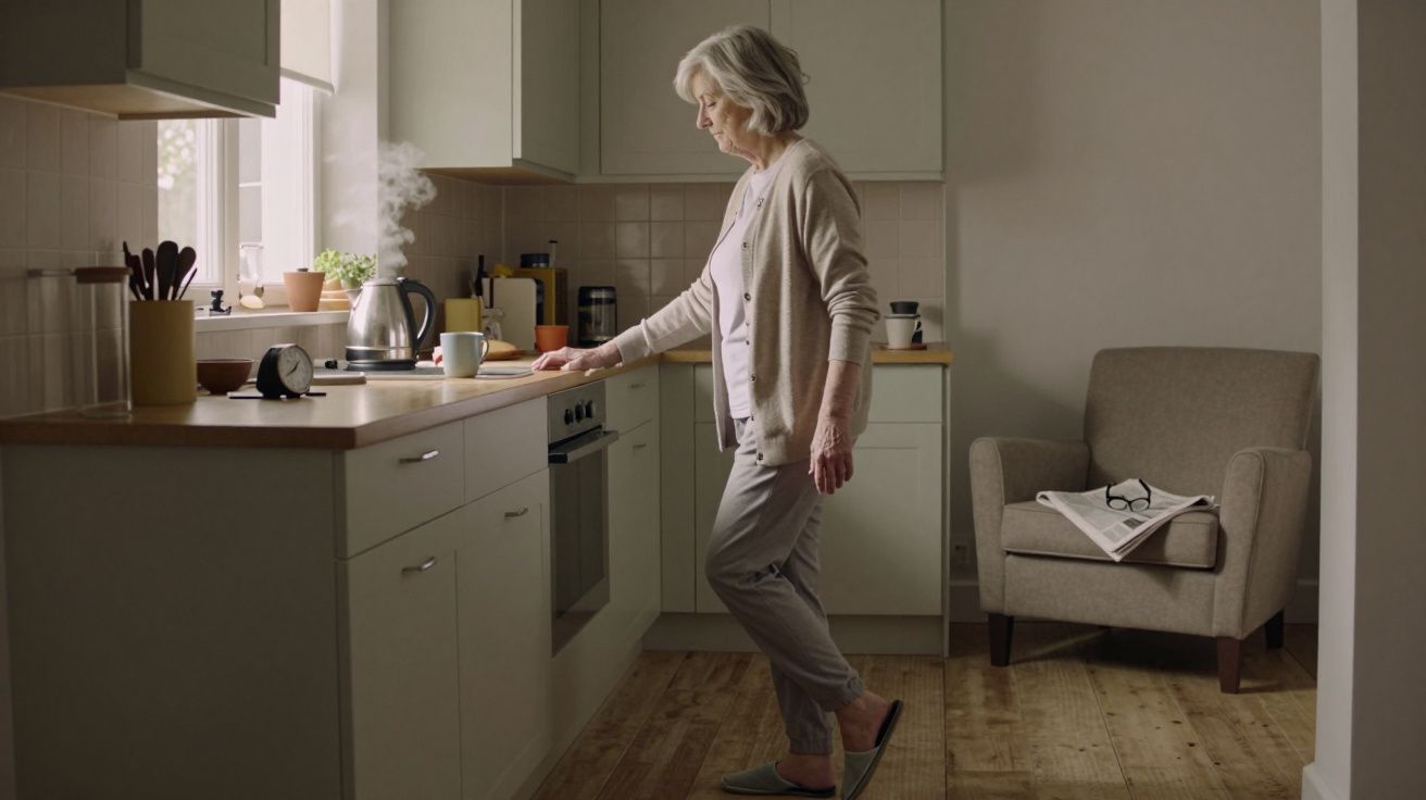 Elderly woman in cosy kitchen with steam from kettle, standing by counter, newspaper on armchair.