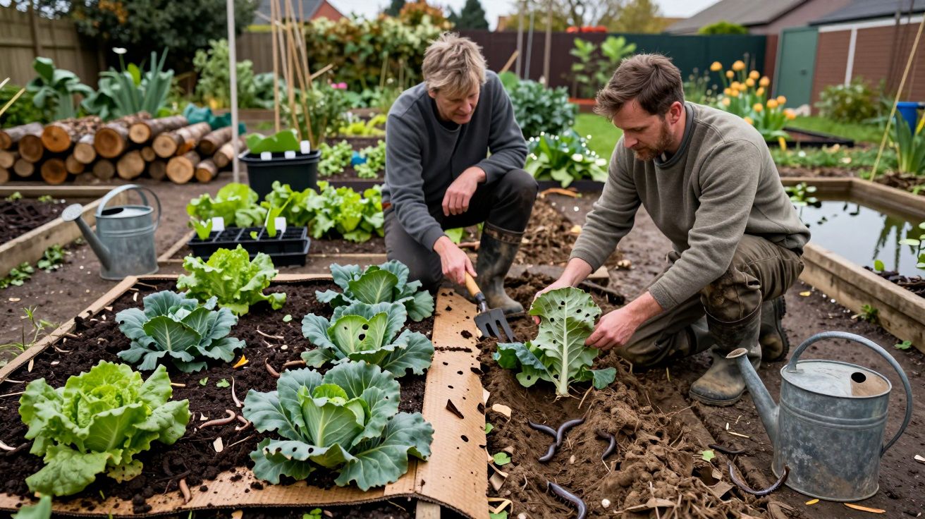 Two people gardening in an allotment, tending to lettuce and cabbages with watering cans nearby.
