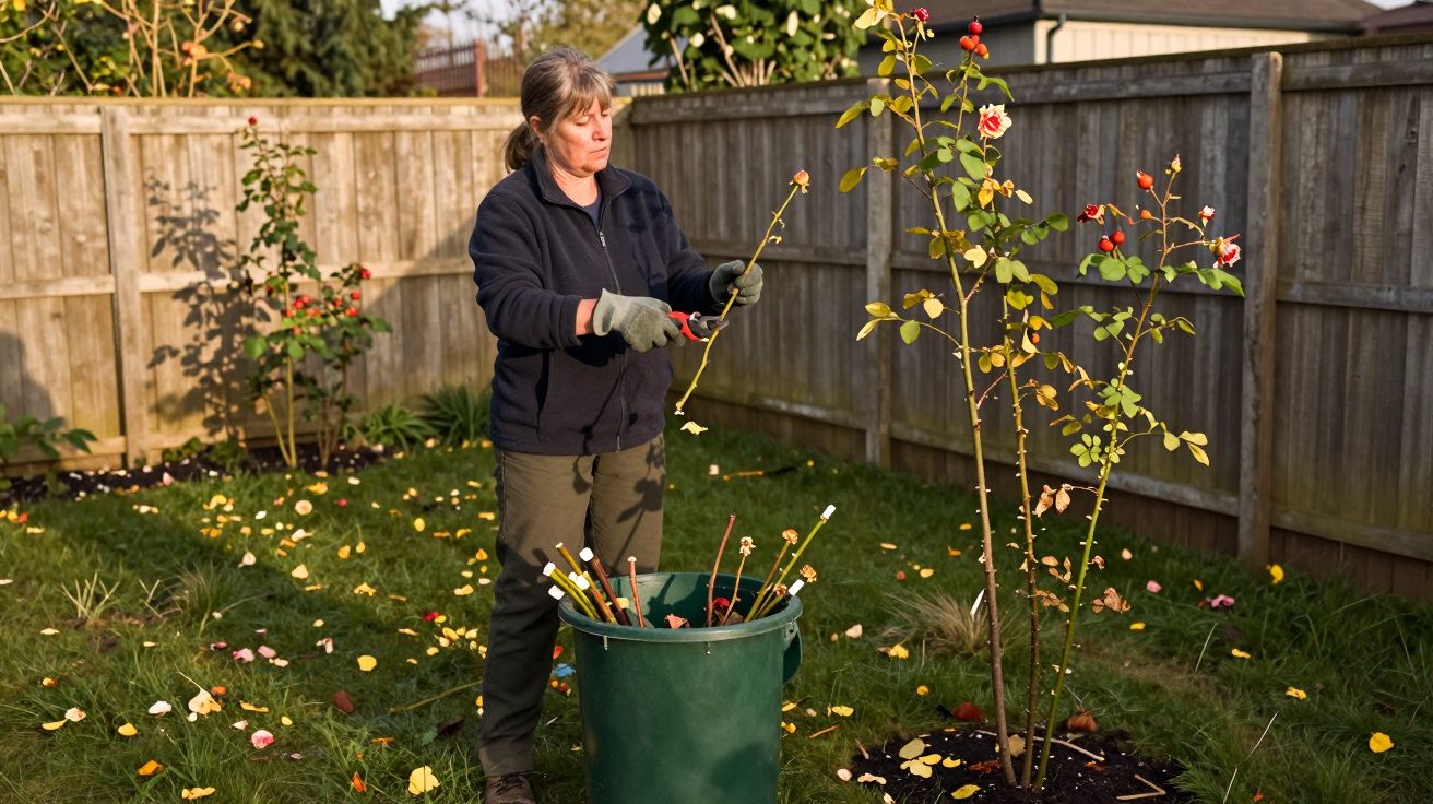 A woman prunes rose bushes, wearing gardening gloves in a grassy garden with a wooden fence and a green bin nearby.