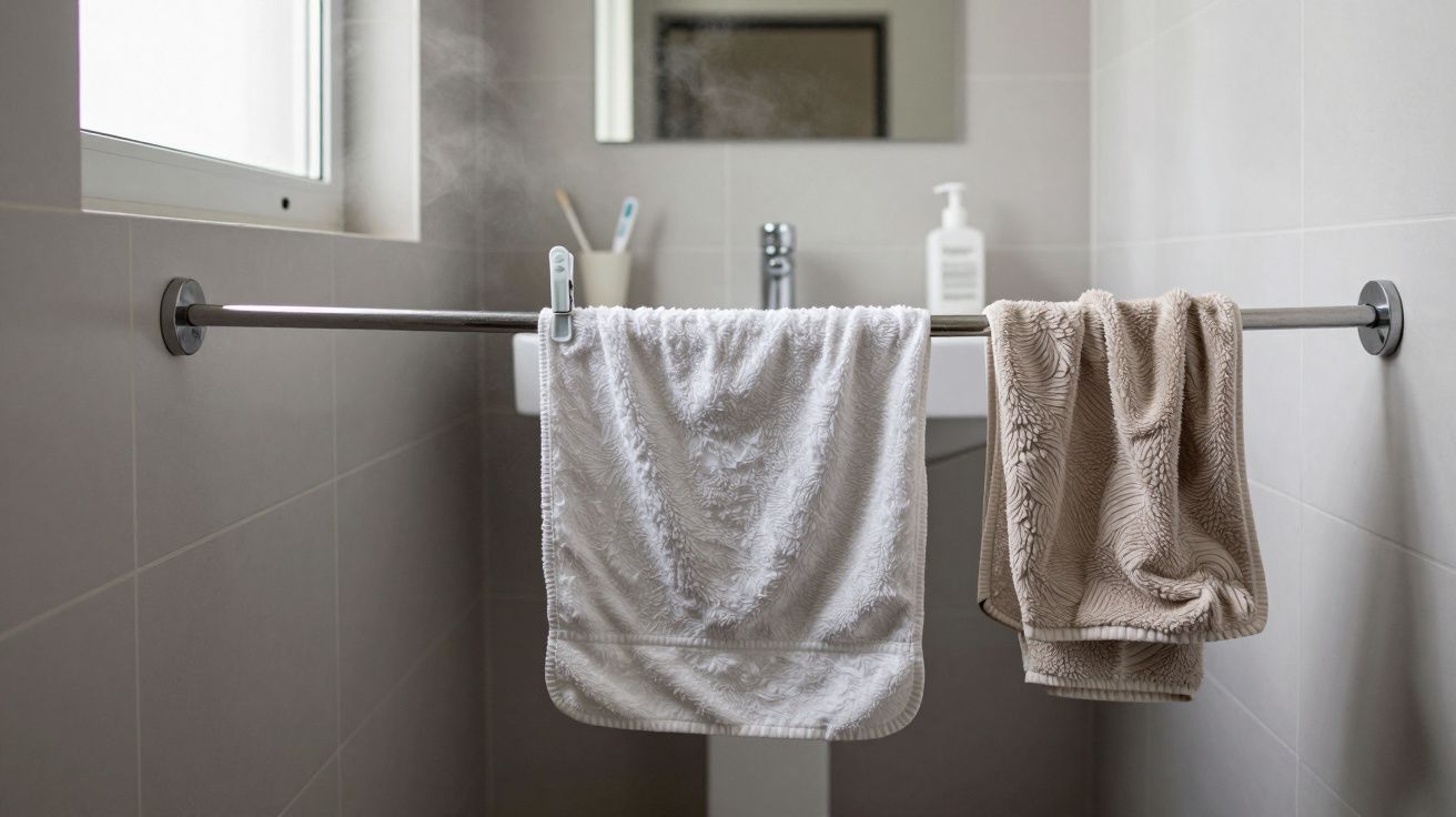 Two towels hang on a bathroom rail, with a sink and toiletries in the background.
