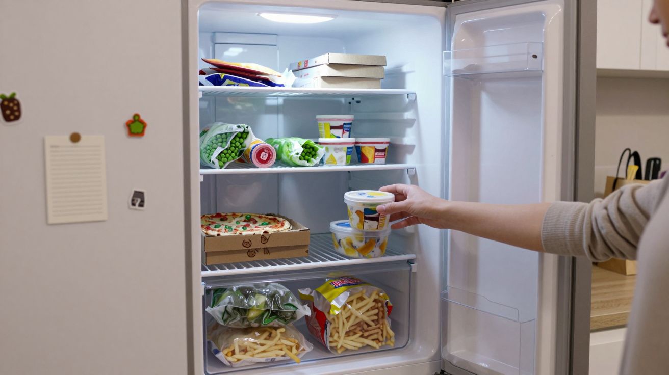 Person reaches into a freezer filled with frozen foods, including pizza, peas, ice cream, and chips.