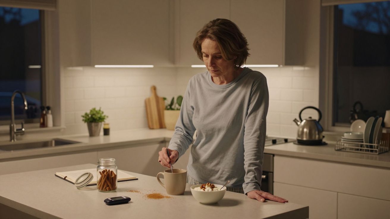 Woman stirring drink in kitchen with snacks and open notebook on worktop.