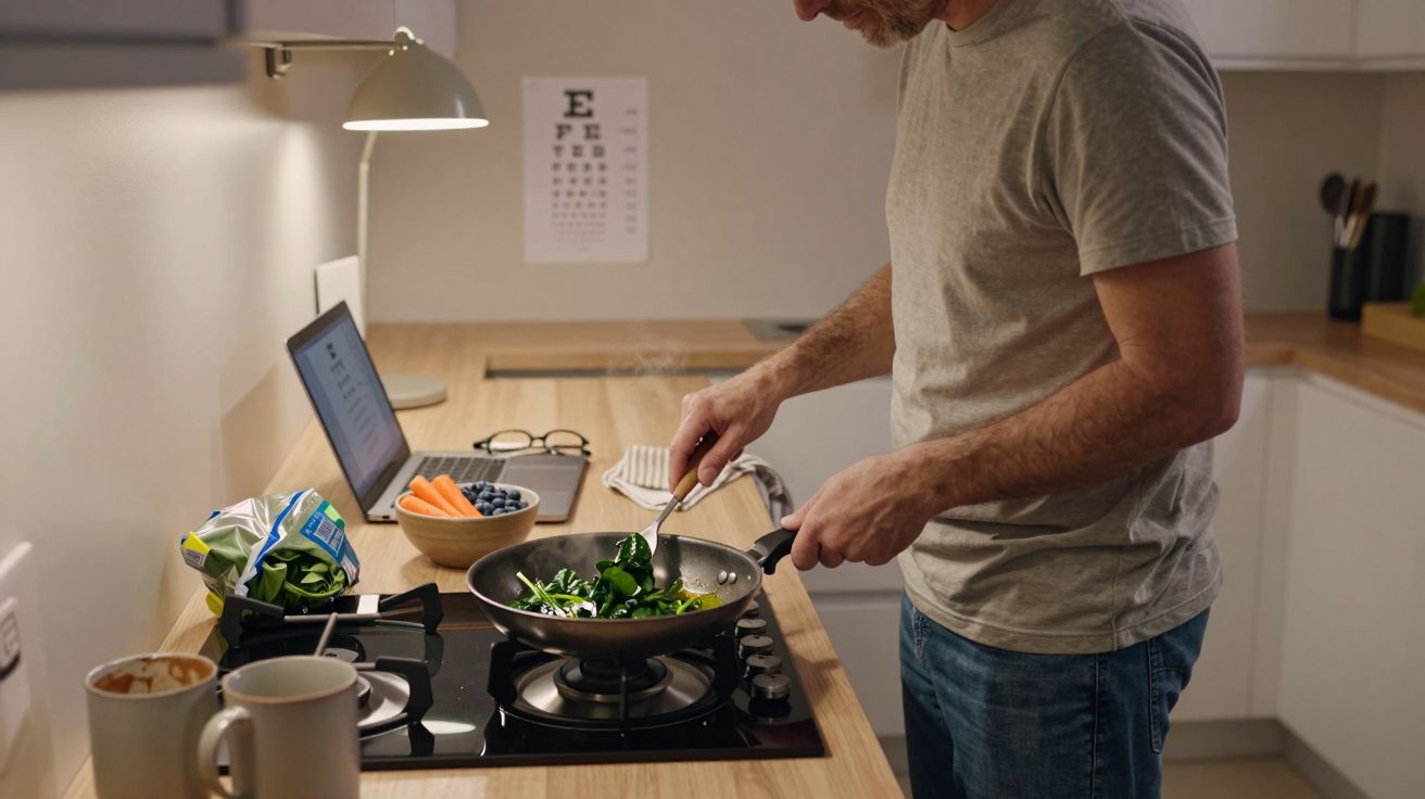 Man cooking vegetables on a hob in a modern kitchen, with laptop and snacks nearby.