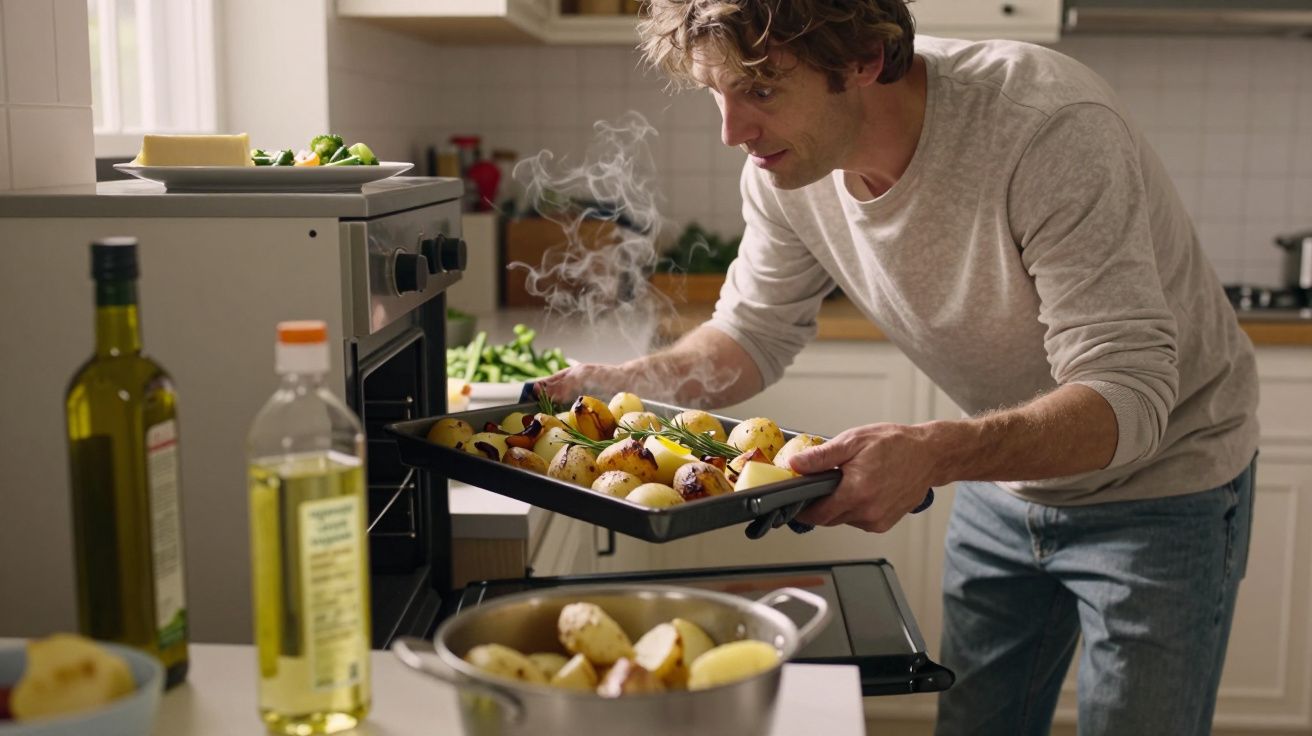 Man placing a steaming tray of roasted potatoes into an oven in a bright kitchen.