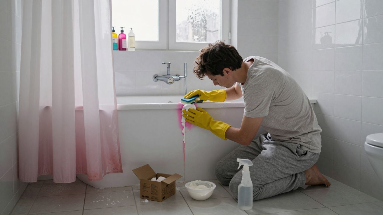 Person in grey clothes cleaning a bathtub with yellow gloves and cleaning supplies in a white-tiled bathroom.