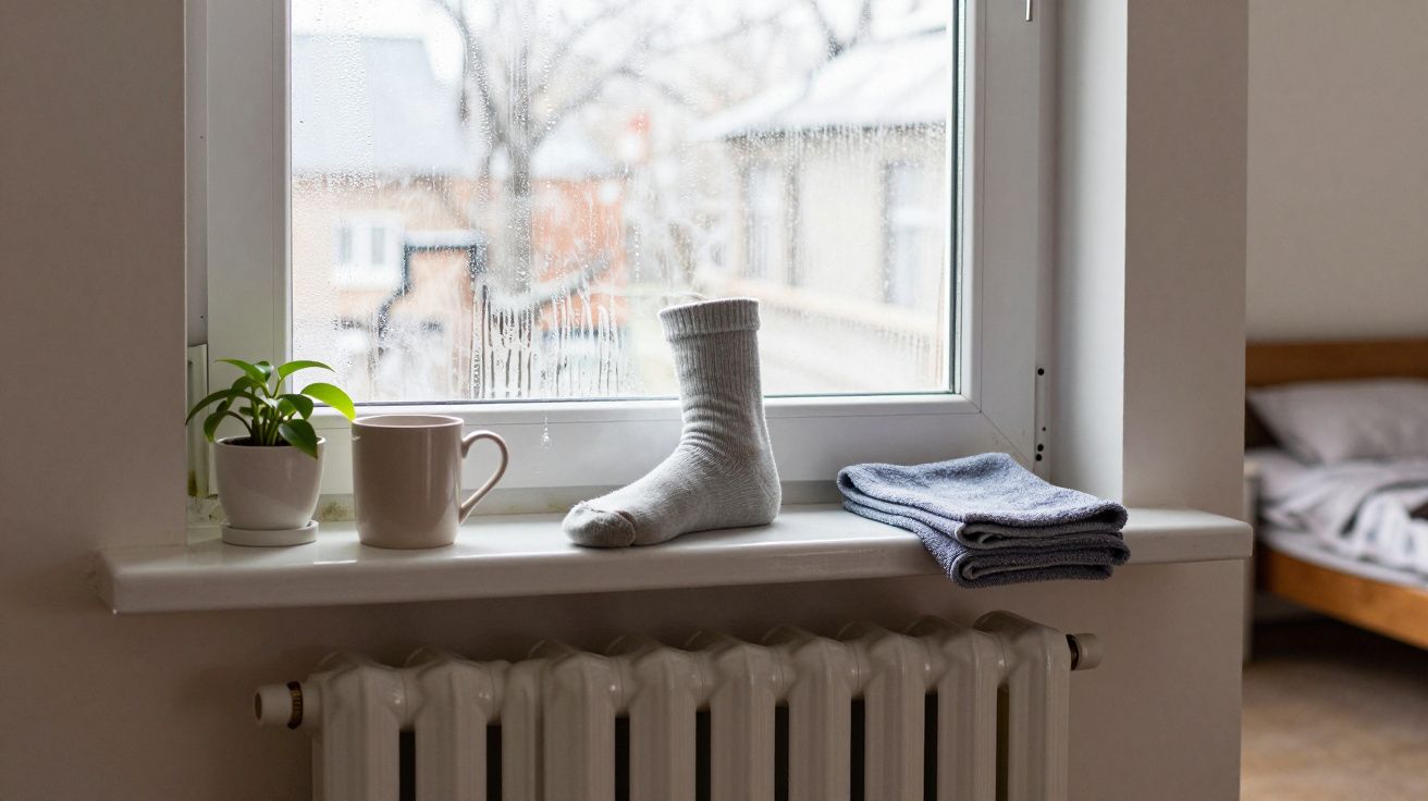Sock, mug, and plant on windowsill with raindrops, overlooking blurred houses. Towel nearby. Bedroom glimpse in background.