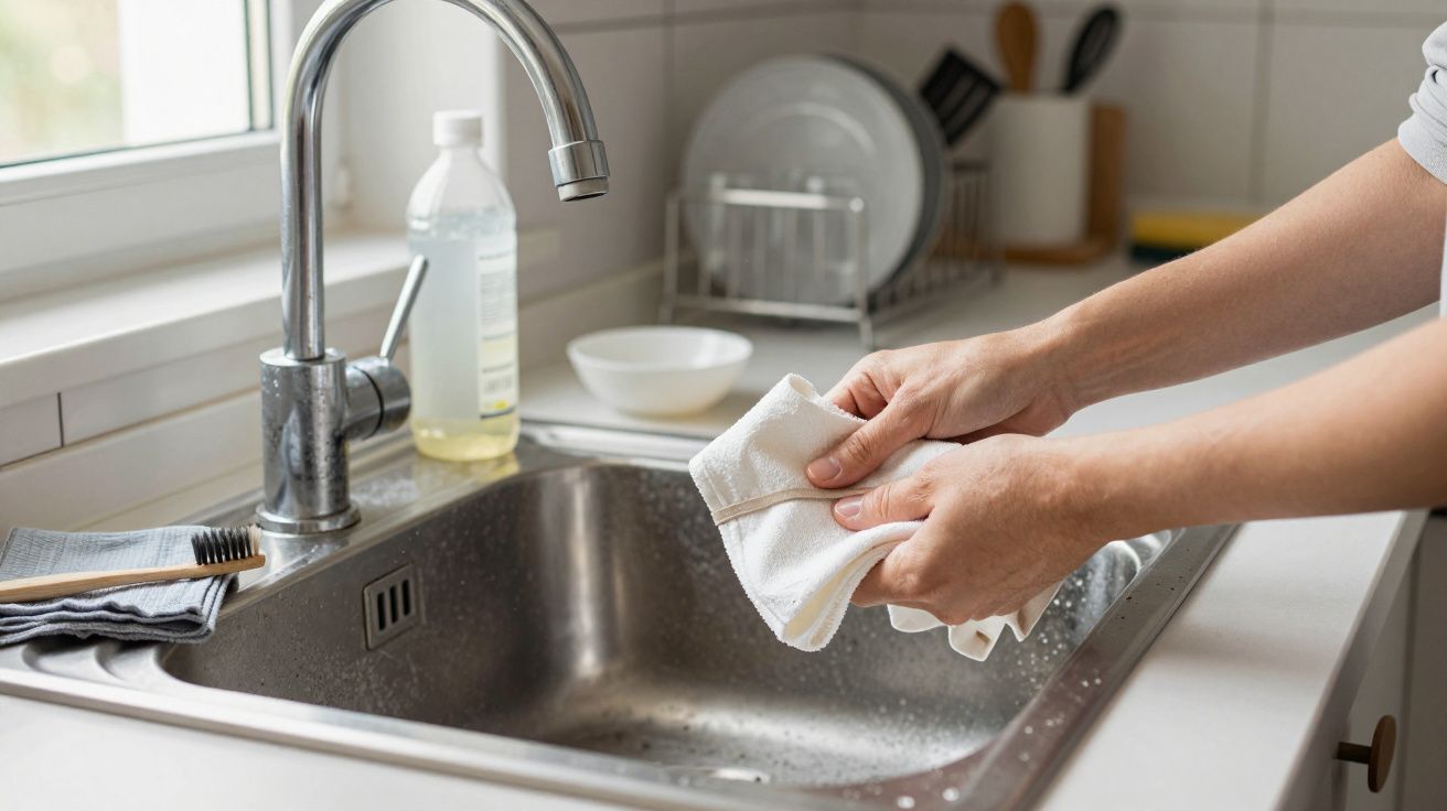 Hands wiping a kitchen sink with a cloth, dishes in a rack, and cleaning supplies on the counter nearby.