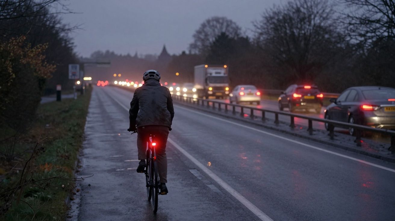 Cyclist with helmet rides along a wet road during twilight, cars with headlights on passing by.