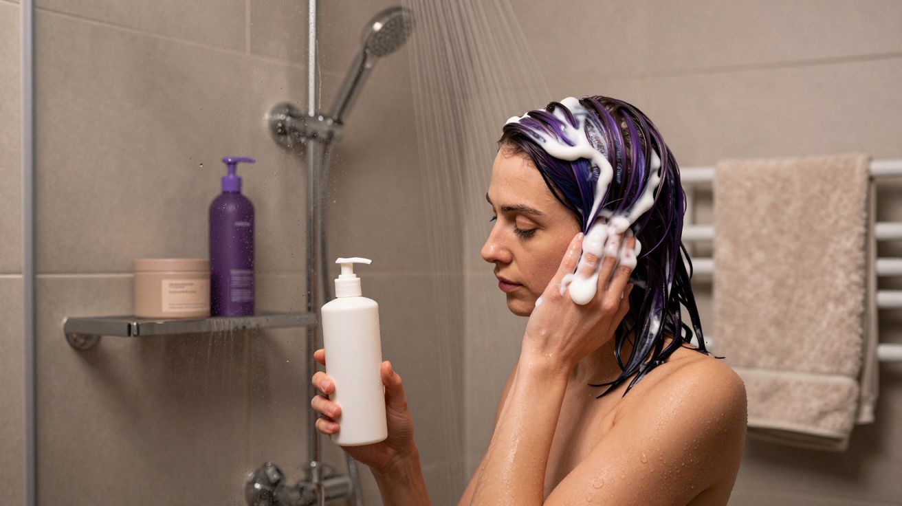 Woman washing hair with shampoo in a shower, holding a white bottle, with a towel rack and toiletries in the background.