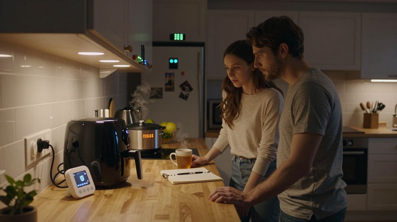 A couple in a modern kitchen watches a smart device on a countertop with an air fryer and steaming pot nearby.