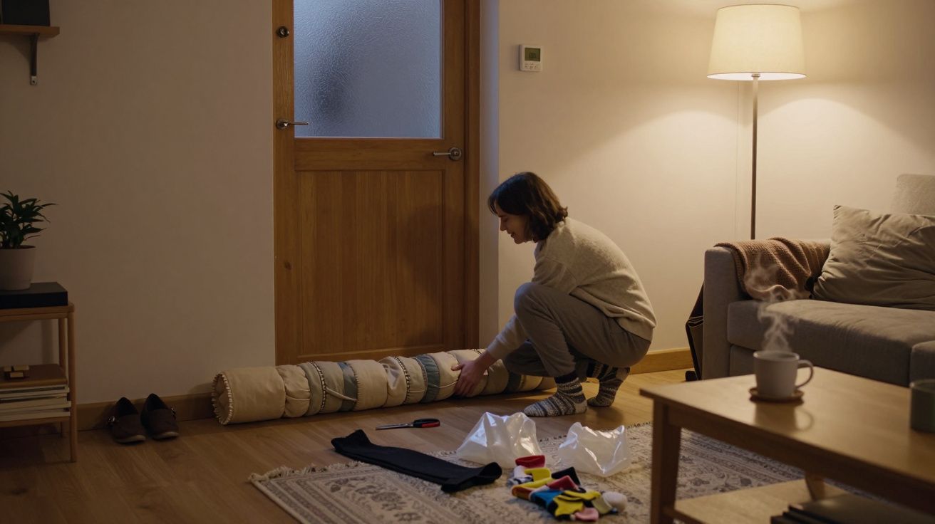 Woman assembling rug in cosy living room, wearing casual clothes, dimly lit by a floor lamp, shoes and materials nearby.
