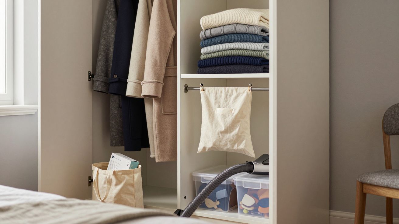 Organised wardrobe with hanging coats, folded jumpers, a storage bin, vacuum, and a fabric bag inside a modern room.