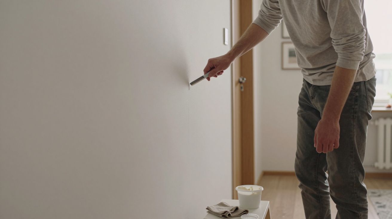 Person filling wall crack with putty knife in a bright room, next to a tub of filler and cloths on a table.