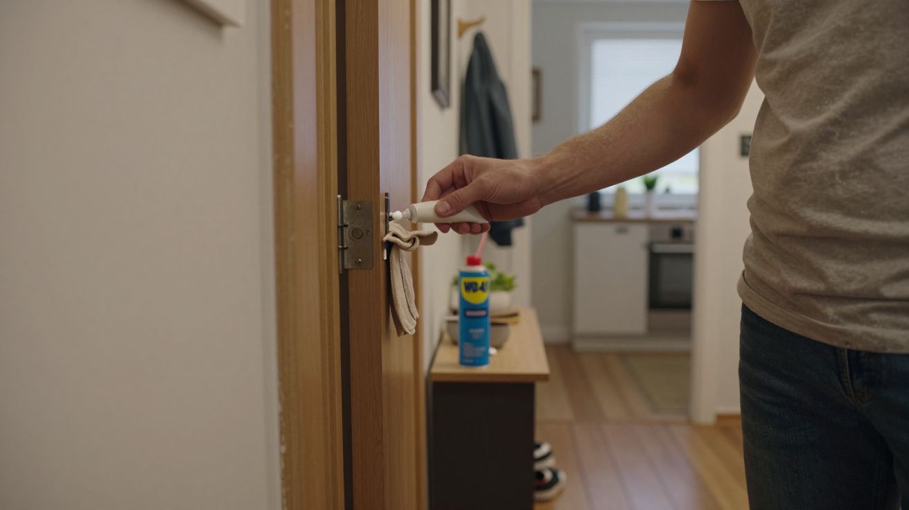 Person using spray lubricant on a door hinge with a cloth, interior hallway and kitchen visible in the background.