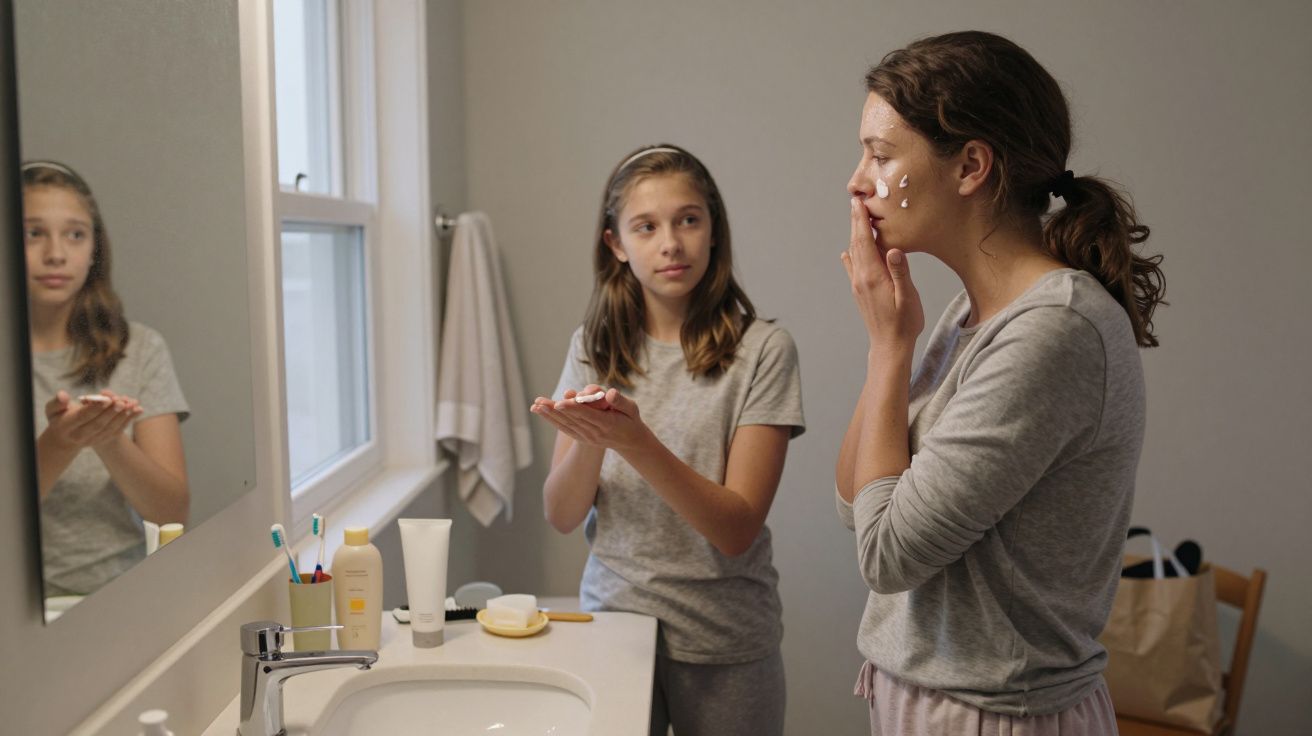 Two girls in pyjamas apply moisturiser in a bathroom, with toiletries on a white sink and a towel hanging nearby.