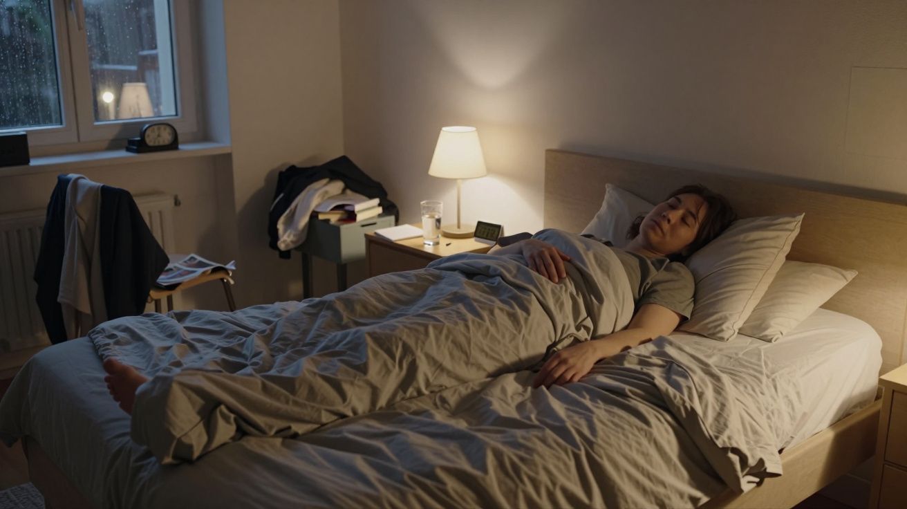 Person sleeping in a cosy bedroom, with a bedside lamp on, clothes on a chair, and rain visible through the window.