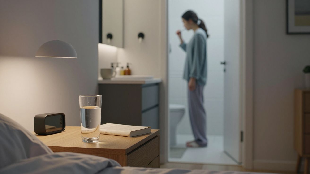 A bedside table with a glass of water and a book, blurred person brushing teeth in the background.