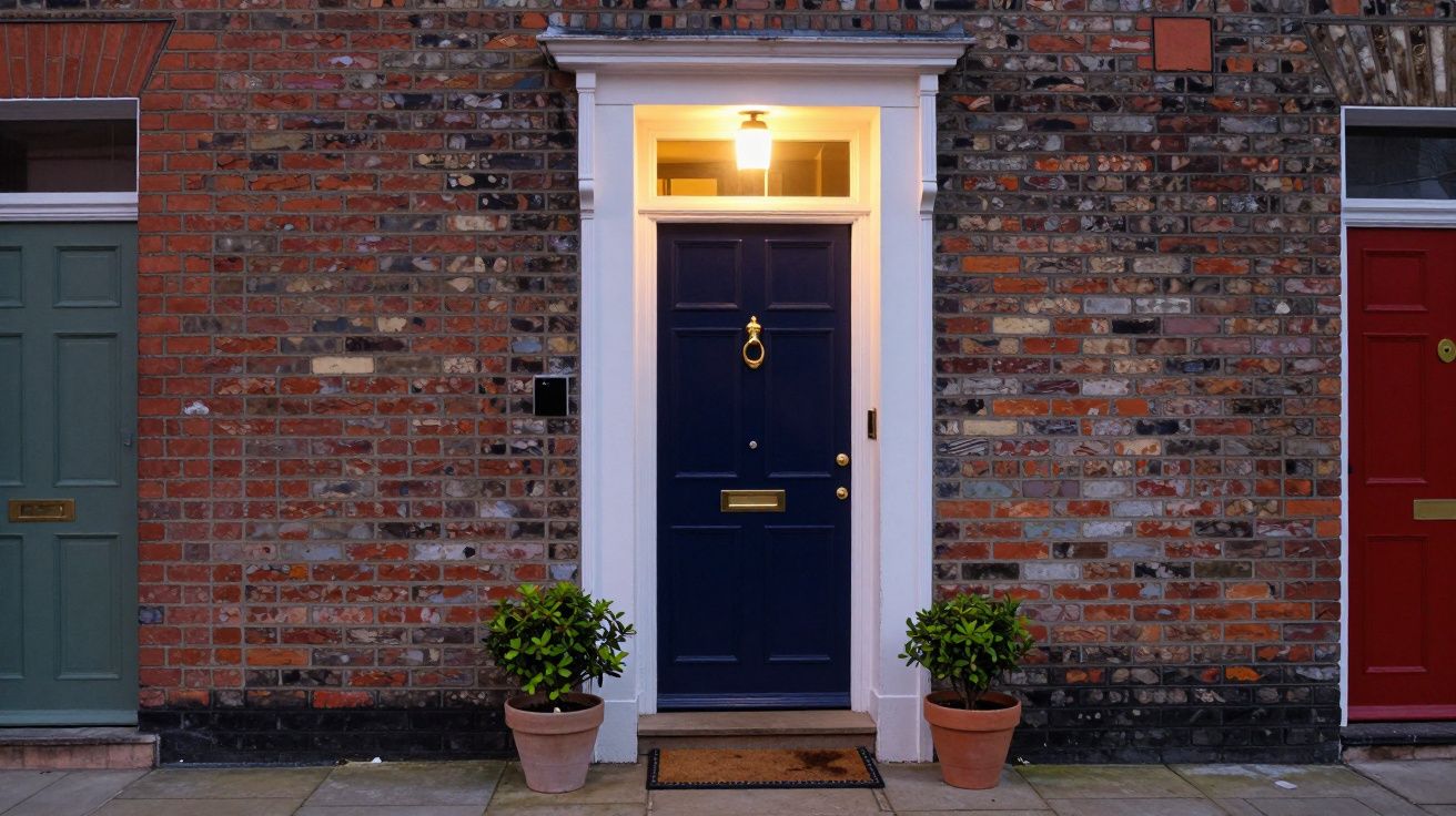 Blue front door with brass knocker and mail slot, flanked by two potted plants, set in a brick wall under a lit porch.