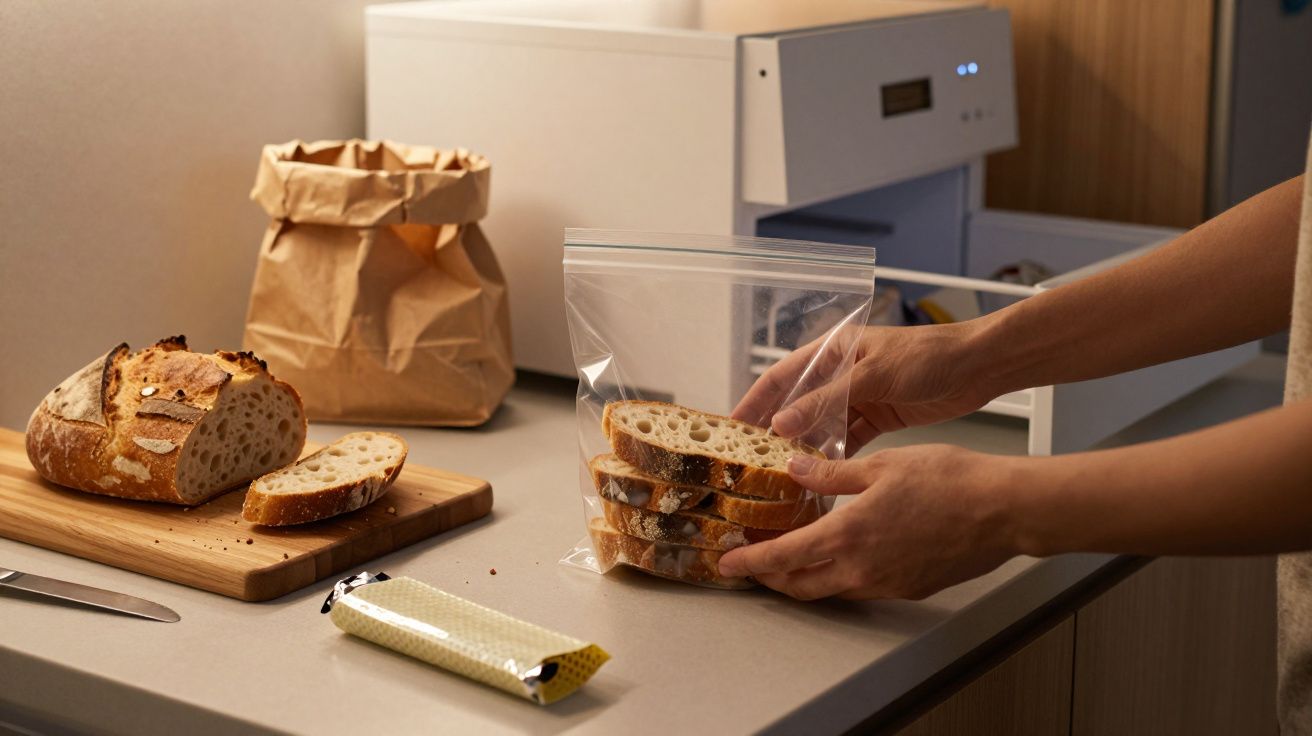 Person placing sliced bread into a ziplock bag on a kitchen counter beside a loaf, paper bag, and butter.