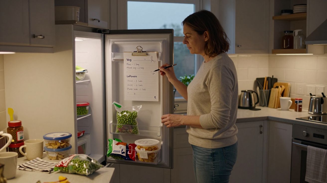 Woman writing shopping list on fridge in kitchen, with food items visible inside.