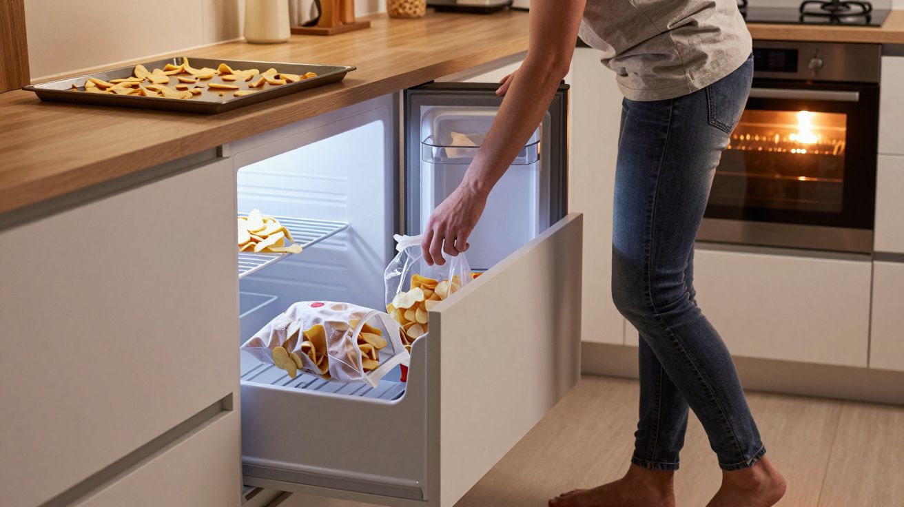 Person storing sliced apples in a freezer drawer, with more apple slices on a tray above, in a modern kitchen.