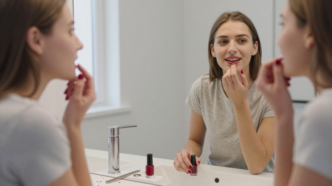 Woman applying lip balm while looking in mirror, next to nail polish and sink.