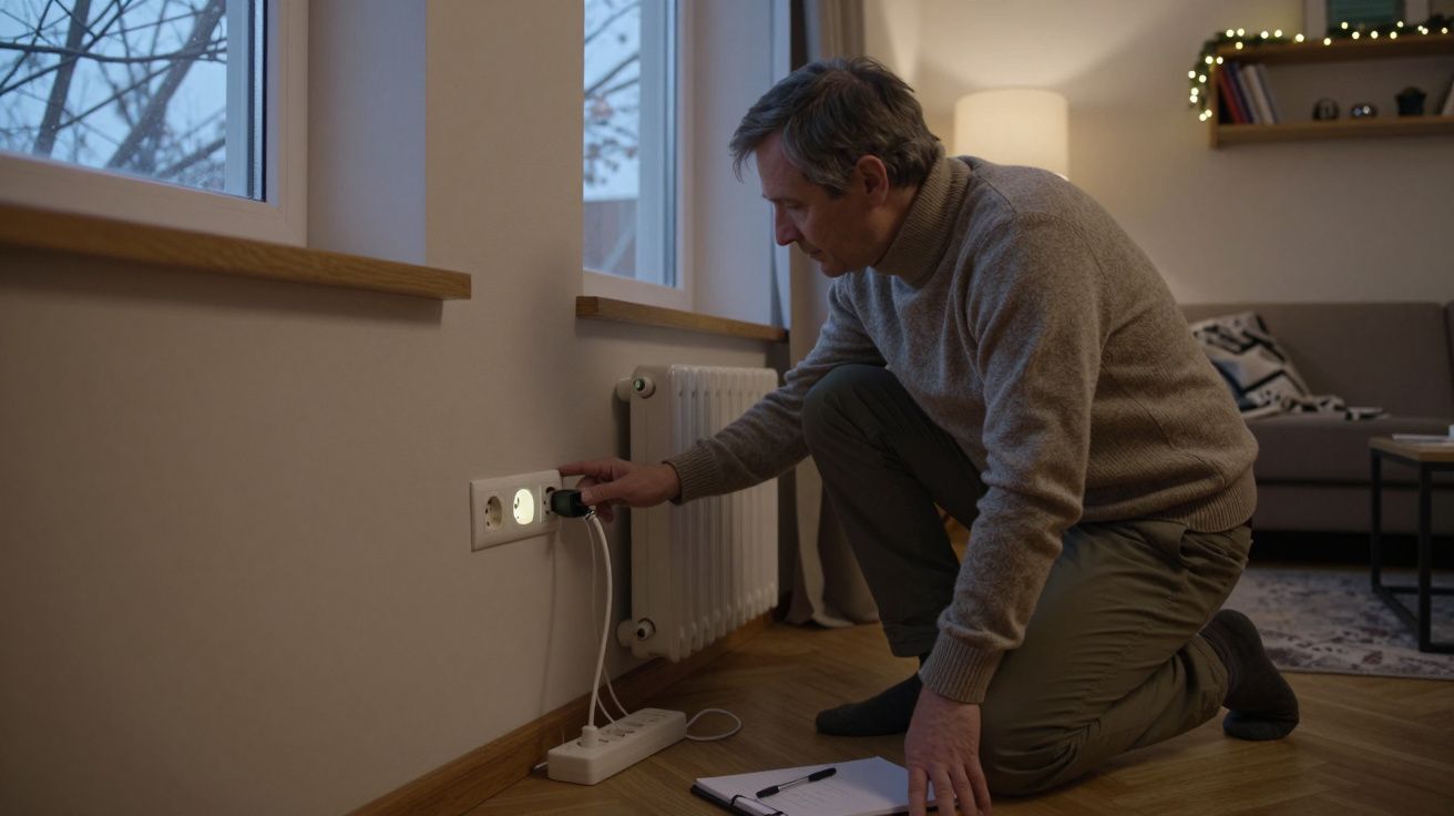 Man kneeling by a wall socket, checking an electrical device in a cosy living room with a sofa and lamp.