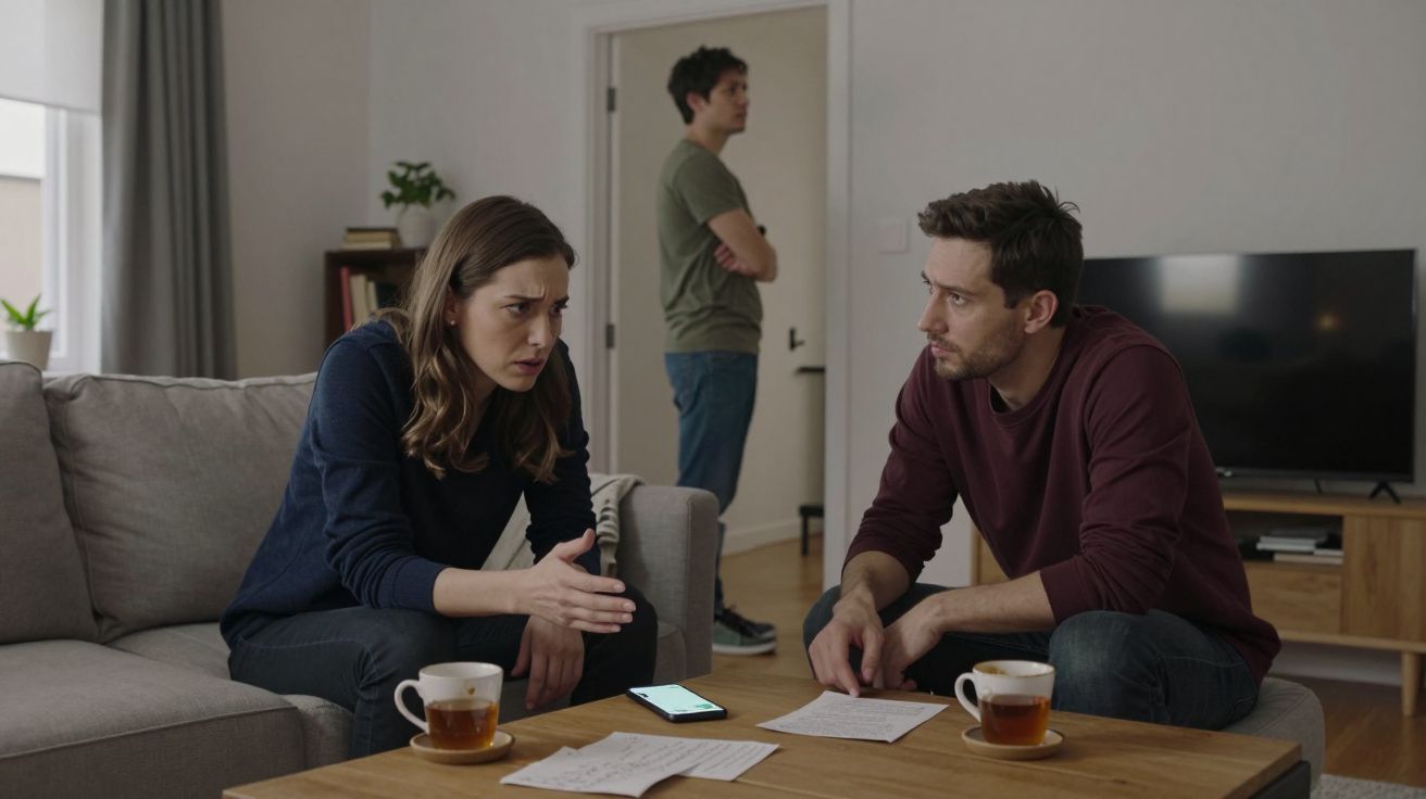 Three people in a living room, discussing seriously over papers and tea, with a man standing by the door looking away.