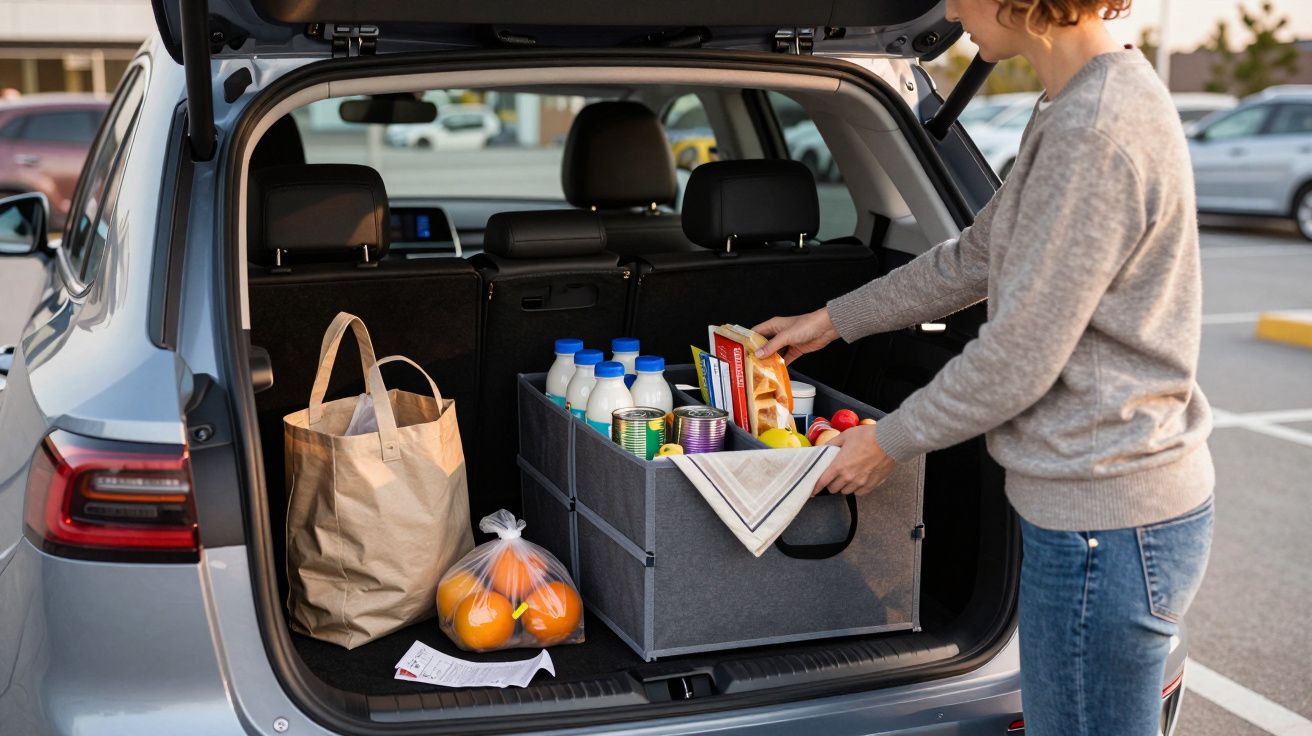 Person organising groceries in the boot of a car, with milk, bags, and various items in a storage box.