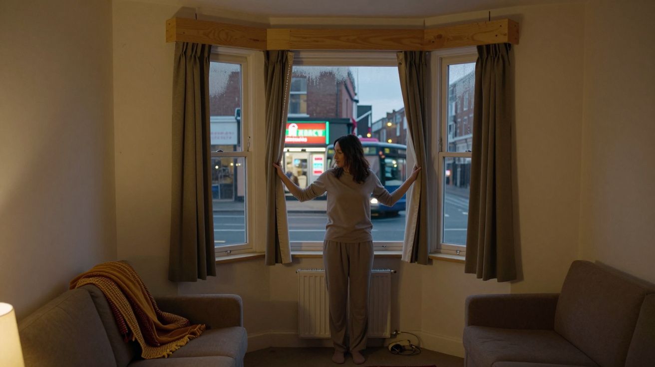 Person standing by bay window, adjusting curtains, with view of street and red double-decker bus outside.