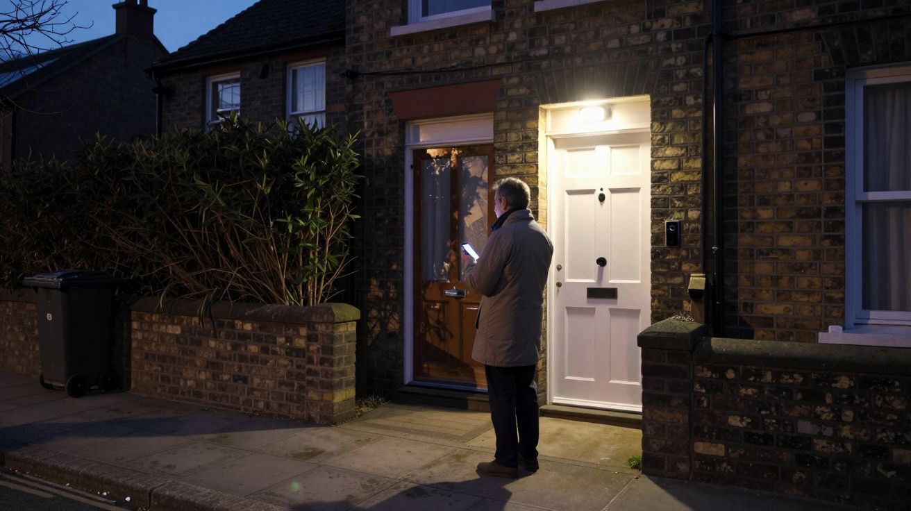 A person stands outside a brick house at night, looking at a smartphone, illuminated by the porch light.