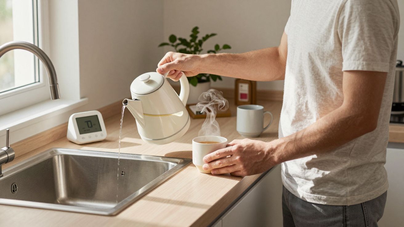Man in a kitchen pouring hot water from a kettle into a mug, with steam rising, near a sink and digital clock.