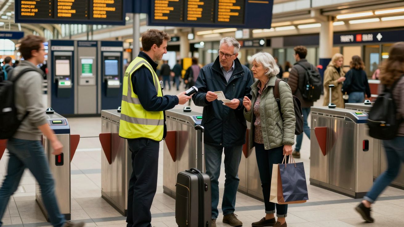 A station staff member assists an older couple with tickets at a busy train station entrance.