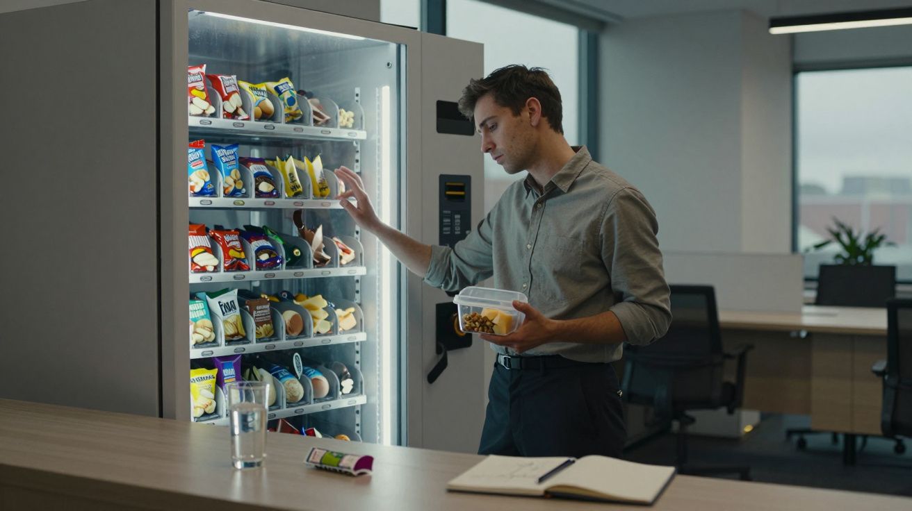 Man selecting snack from vending machine in an office, holding a container of food, with a notebook and glass nearby.