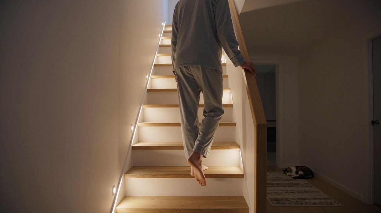 Person in pyjamas walking upstairs with soft lighting, while a cat sleeps below on a rug.