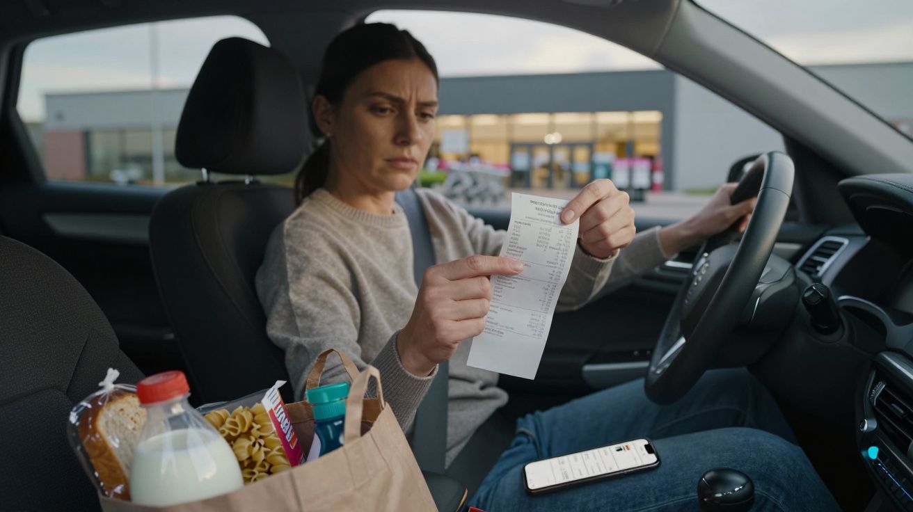Woman in car checking a receipt, shopping bag with groceries on passenger seat, mobile phone nearby.