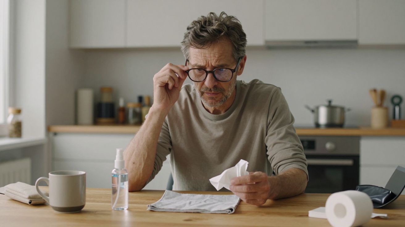 Man sitting at kitchen table with glasses, holding tissues, and looking concerned. A mug, sanitiser, and paper towel nearby.