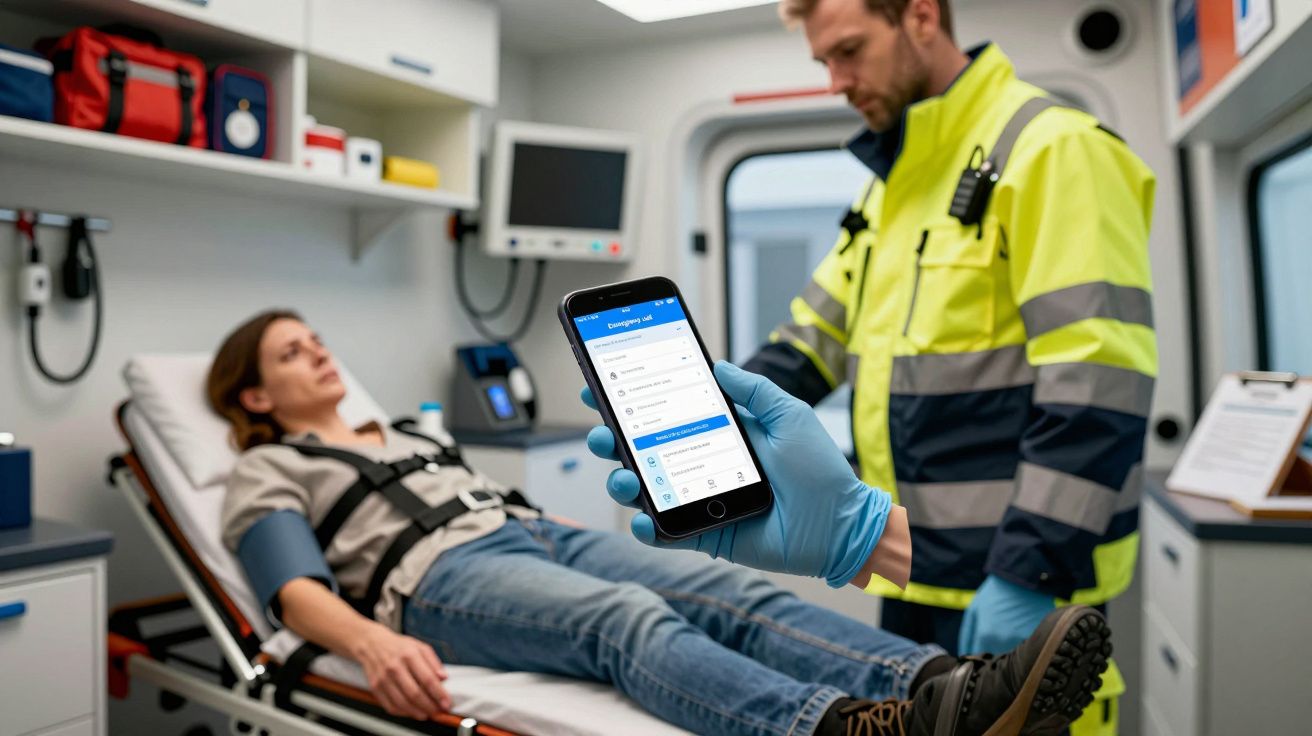 Paramedic uses smartphone to monitor woman on stretcher inside an ambulance.