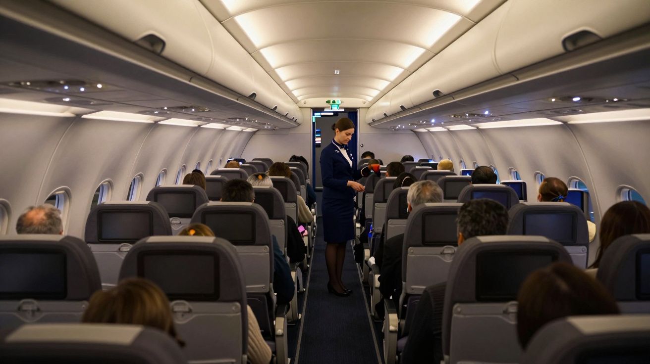 Flight attendant serving passengers inside a narrow-body aircraft cabin, with rows of occupied seats on both sides.